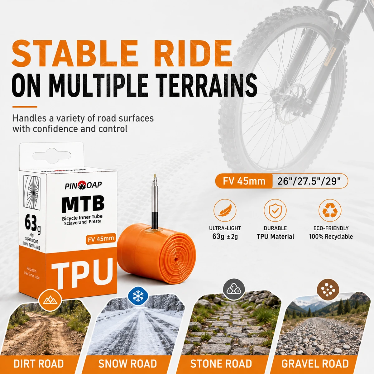 PINMOAP TPU MTB Inner Tube 26 27.5 29 Inch Bicycle Tube FV45mm Presta Valve Ultra Lightweight Puncture Resistant view 5