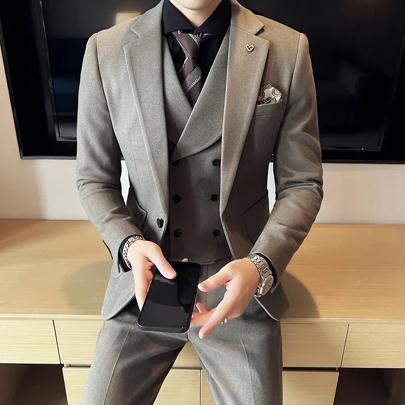 High-end boutique new men's British (suit + vest + trousers) fashion business slim casual one button tweed suit three pieces set