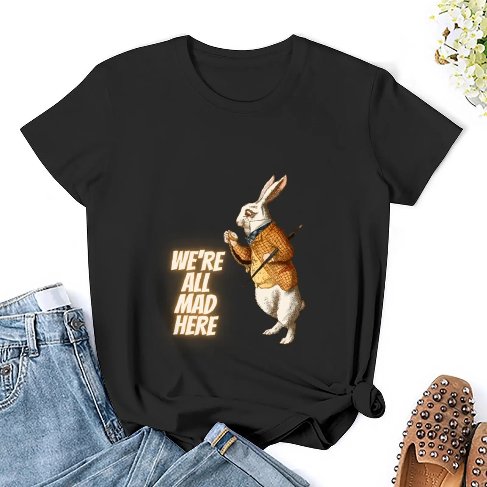 Siamo tutti pazzi qui _ Alice wonderland brown rabbit quotes t-shirt grafica animal prinfor blanks magliette new edition per le donne