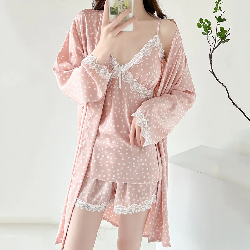 

Sleep Set Women Print Dot 3PCS Pajamas Suit Long Sleeve Sexy Lace Home Clothing Sleepwear Satin Nightwear Intimate Lingerie