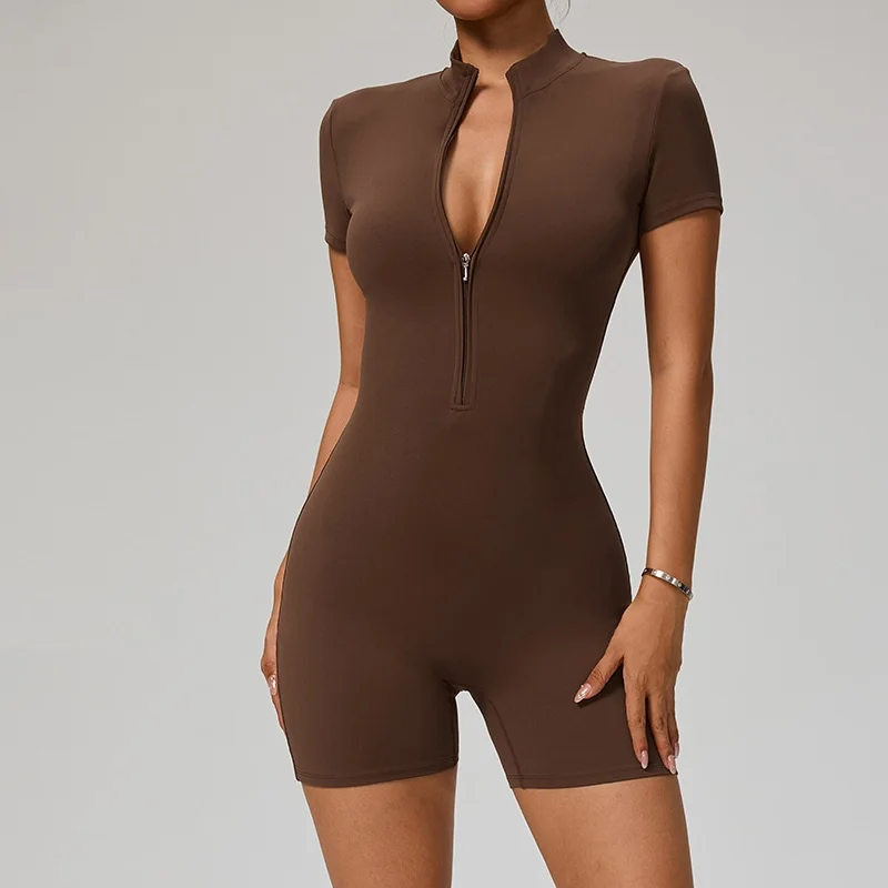 Solid Color Half Zip Short Sleeved Shirt Short Leg Set Tight Yoga Jumpsuit Women Gym Wear Fitness One Piece Sports Suit Workout