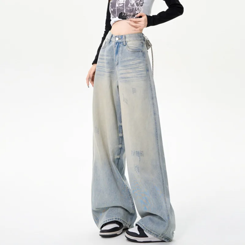 #2248 Light Blue Denim Jeans Women Vintage Long Straight Wide Leg Jeans Female High Waisted Streetwear Ripped Boyfriend Jeans