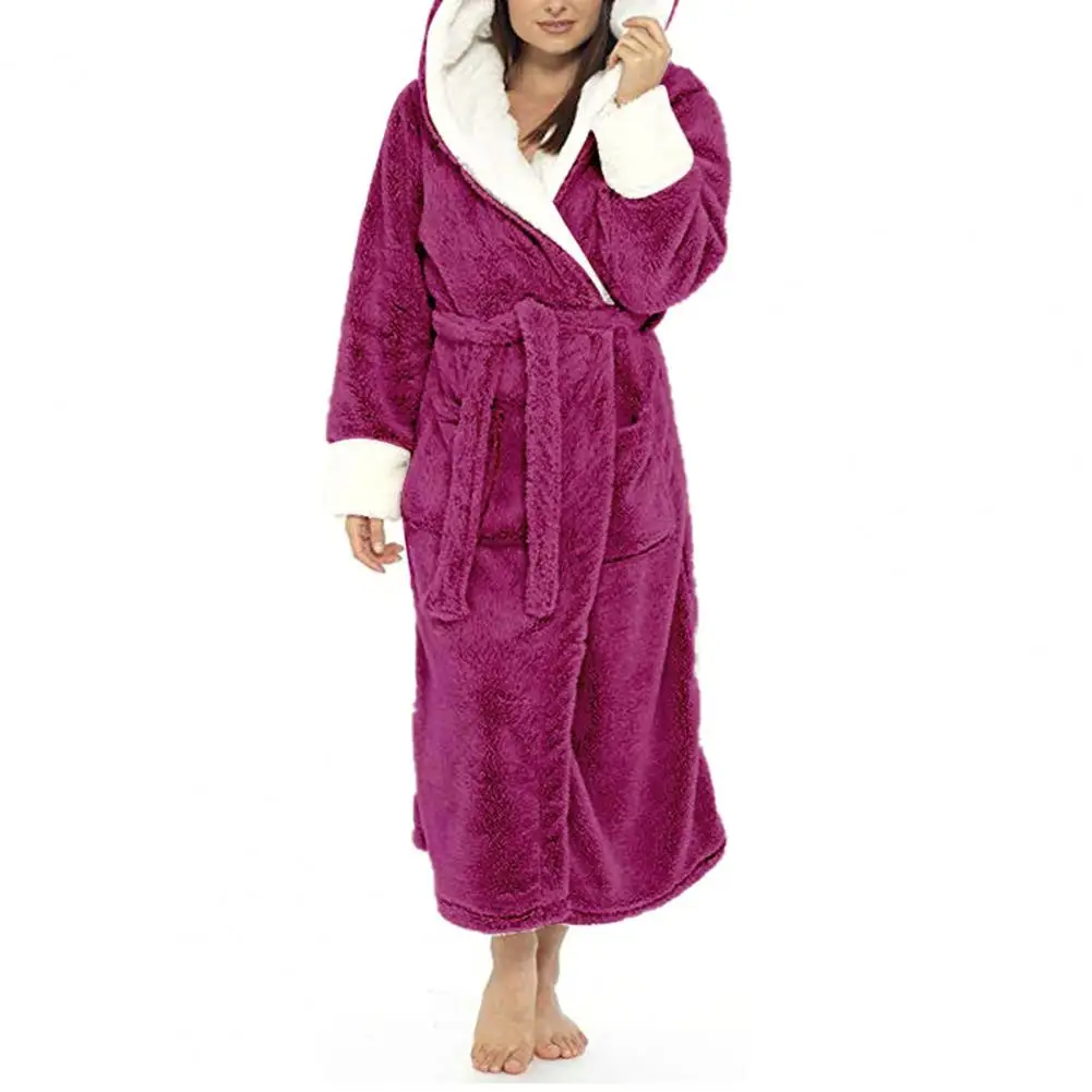 Fleece Women Nightgown Thicken Hooded Plush Warm Woemn Bathrobe Loose Tight Waist Velvet Twisted Thermal Homewear Winter Nightie