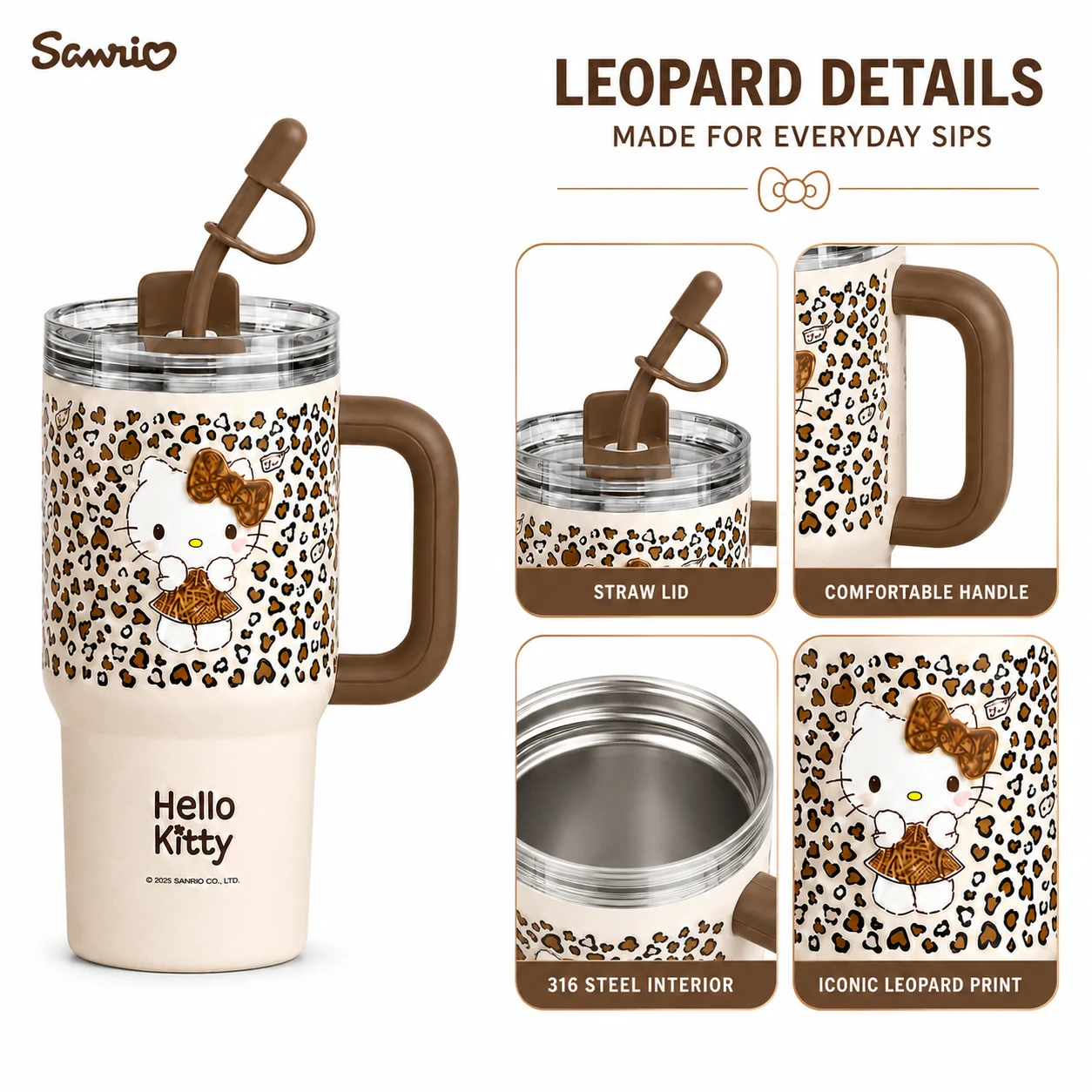 Sanrio 830ml Insulated Tumbler Large Capacity Stainless Steel with Straw Handle Hot Cold Travel Mug Hello Kitty Cinnamoroll Gift