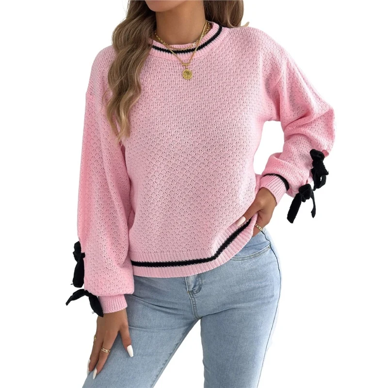 Women's Sweater Casual Color Block Crew Neck Long Sleeve Lantern Sleeve Knitted Bow Tie Fashion Elegant