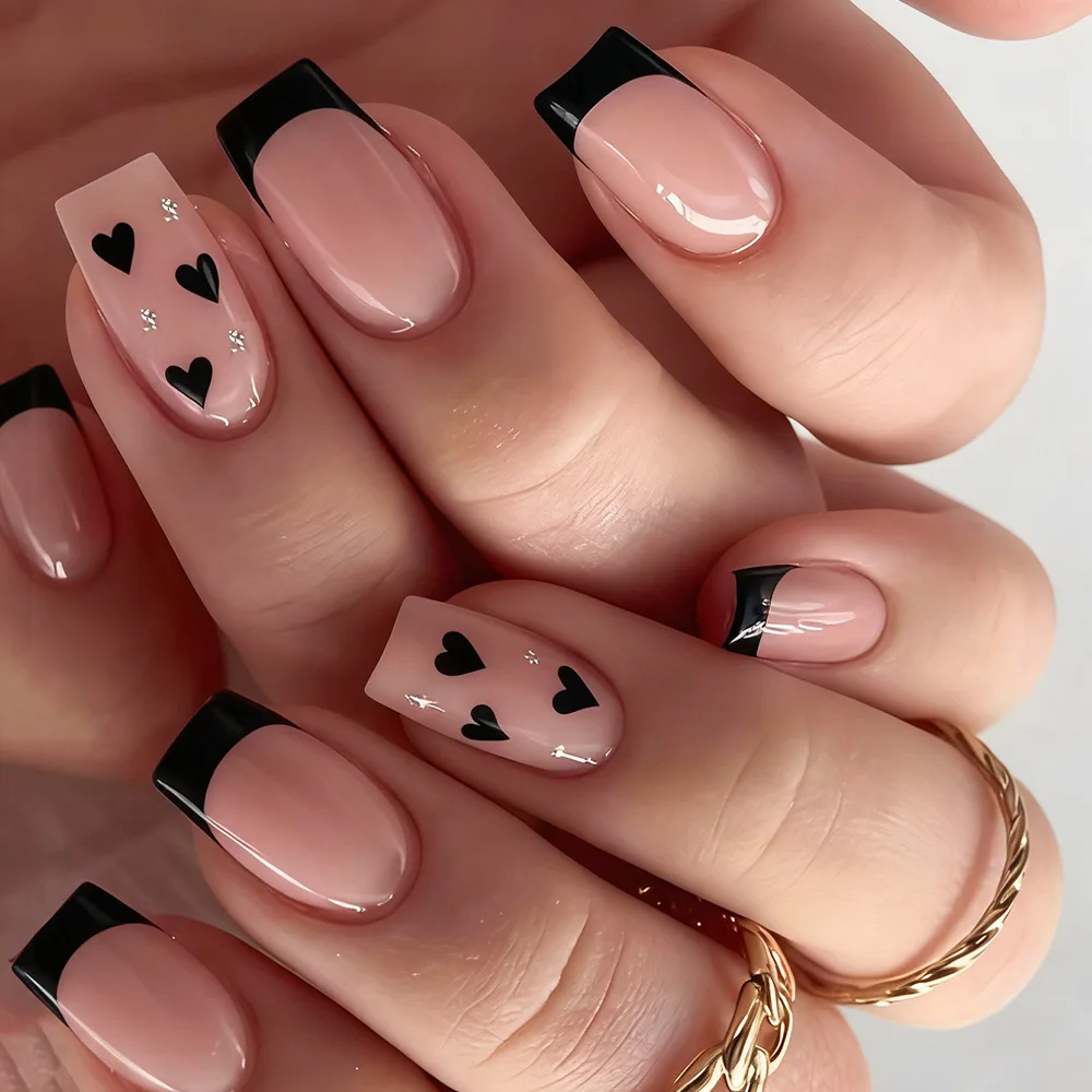 Light Pink Fake Nails Mid-length Square Head Press on Nails Love Heart Printed Diamond Designs French Style False Nails Tips
