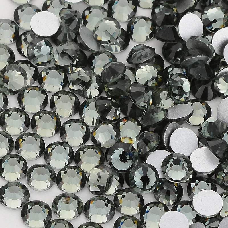 All Size SS3-SS60 Black Diamond Glass Flatback Rhinestone Round Silver Base Gray Glue On Stones for Nails Art Clothes Decoration