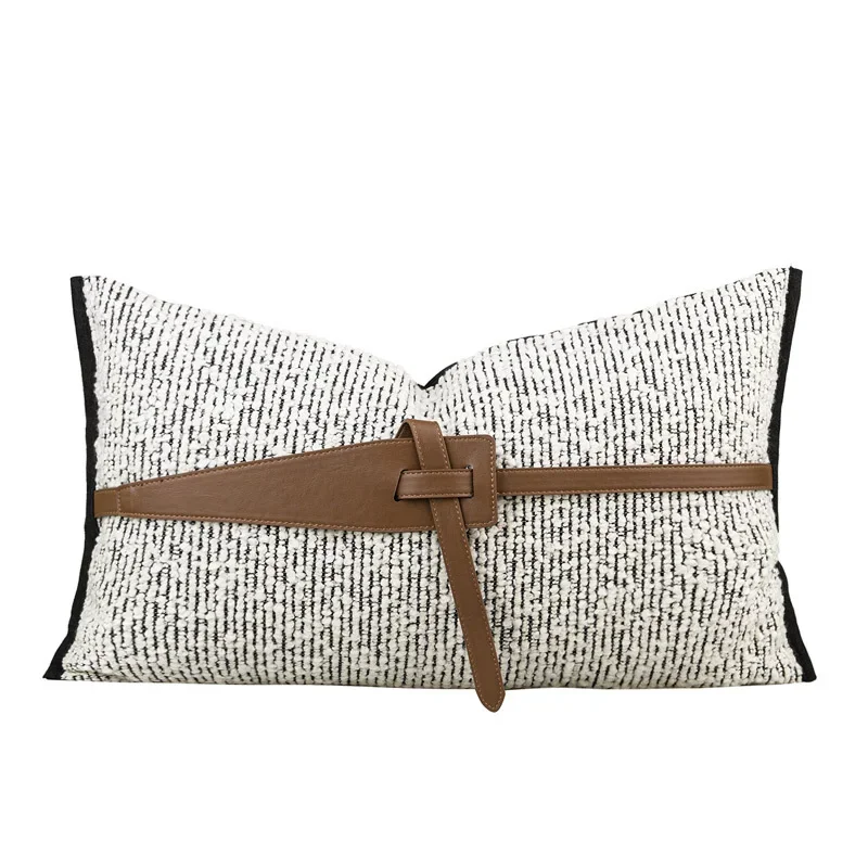 Black And White Cotton-Linen Textured Belt Orange Leather Decorative Pillow Cover for Designer Room Stylish Home Decor Accent