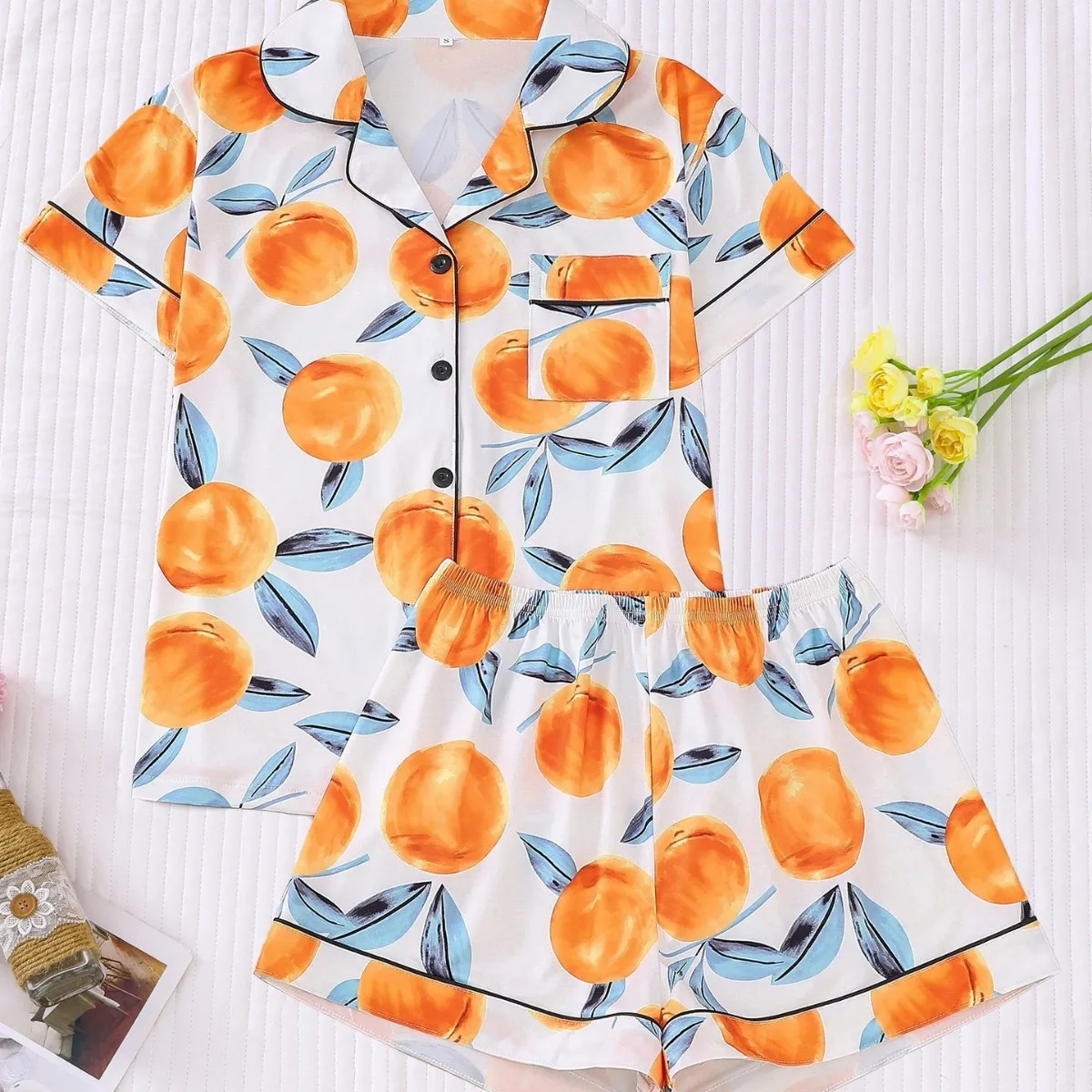 Peach Print Lapel Short Sleeve Pajama Set Women's Soft Cotton Sleepwear Nightwear Loungewear Homewear Casual Set for Summer Gift