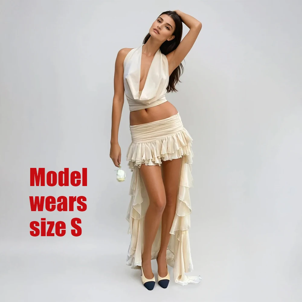 Womens 2 Piece Skirt Sets Drape Neck Halter Backless Crop Tank Top Flowy Ruffle Layer Maxi Skirts Vacation Going Out Outfits