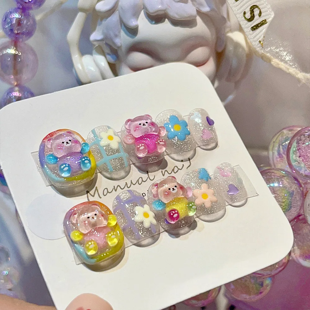 Oso de piezas para manicura, Charms de dopamina con diamantes de imitación, decoración de uñas de oso colorido, Panda 3D, 10 Uds.