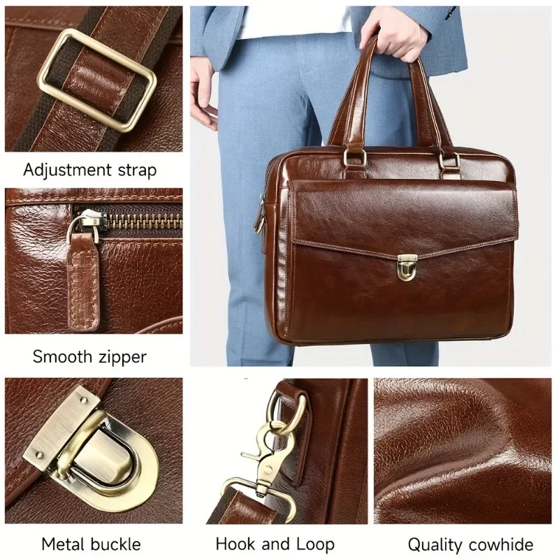 Men’s Top Grain Cowhide Leather Briefcase, Genuine Business Travel Laptop Bag, Large Capacity Handbag