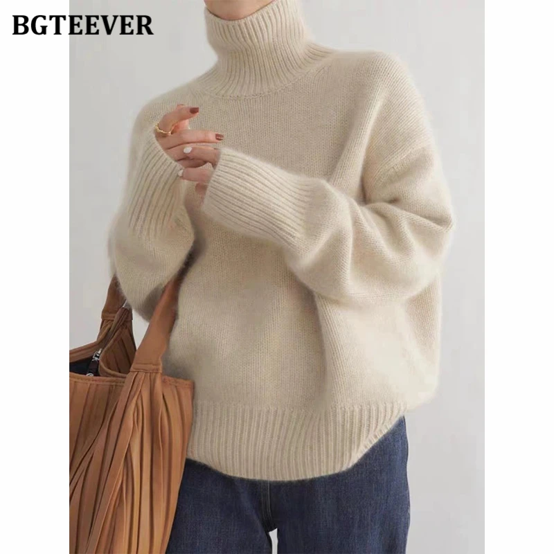 

BGTEEVER Casual Thicken Warm Loose Women Solid Sweaters Pullovers Long Sleeve Female Knitted Turtleneck Jumpers Autumn Winter