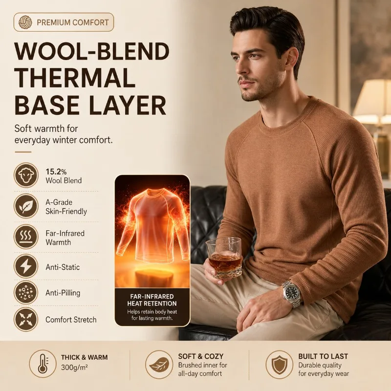 Men Fleece Lined Wool Crew Neck Long Sleeve Undershirt Raglan Sleeve Thermal Autumn Winter Base Layer Inner Top