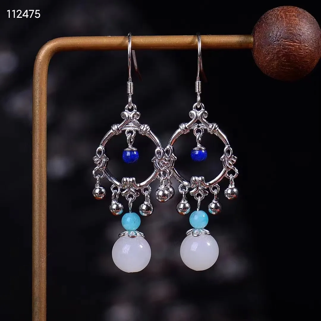 

Natural 100% real 925 sterling silver earrings mosaic white hetian jade small bell fashion Earrings temperament women gift