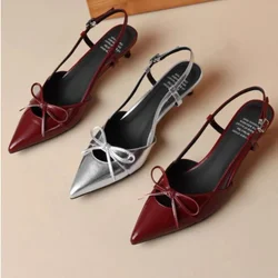 Summer Mid Heels Bow Sandals Women Sexy Pointed Toe Shoes 2024 Fashion Beach Slippers Dress Luxury Flip Flops Pumps Mujer Slides