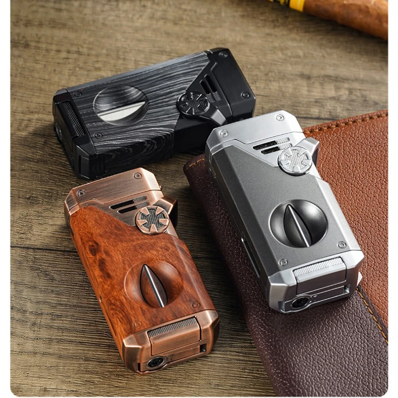 أربعة لهب أزرق ولاعة السيجار الخامس-سكين الدخان السيجار الحفر تلاعب مكافحة ضرب شوكة التهوية البصرية متعددة الوظائف الإشعال أخف وزنا