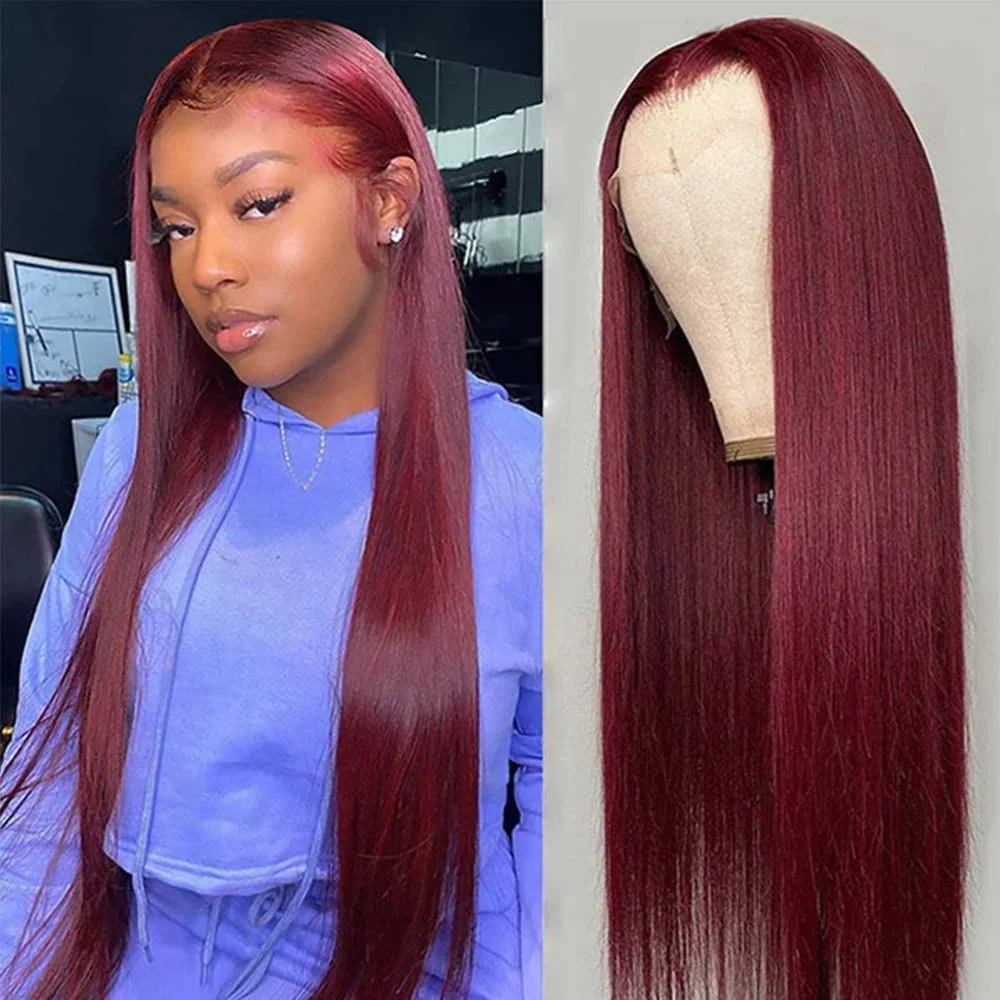 30 34 inci Burgundy 13x6 HD renda Frontal rambut manusia Wig lurus 13x4 renda depan 99J warna rambut manusia Wig untuk wanita preplocked