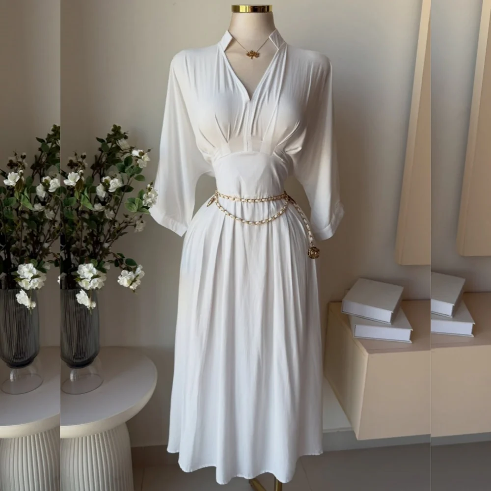 Customized Casual Simple Jersey Sash Pleat A-line V-neck Midi Dresses Bespoke Occasion Intricate Matching