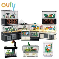 Fish Tank Building Blocks MOC Luminous Toys City Scene LivingRoom Interior Decoration Assembled DIY Fish Reptile Kids Adult Gift