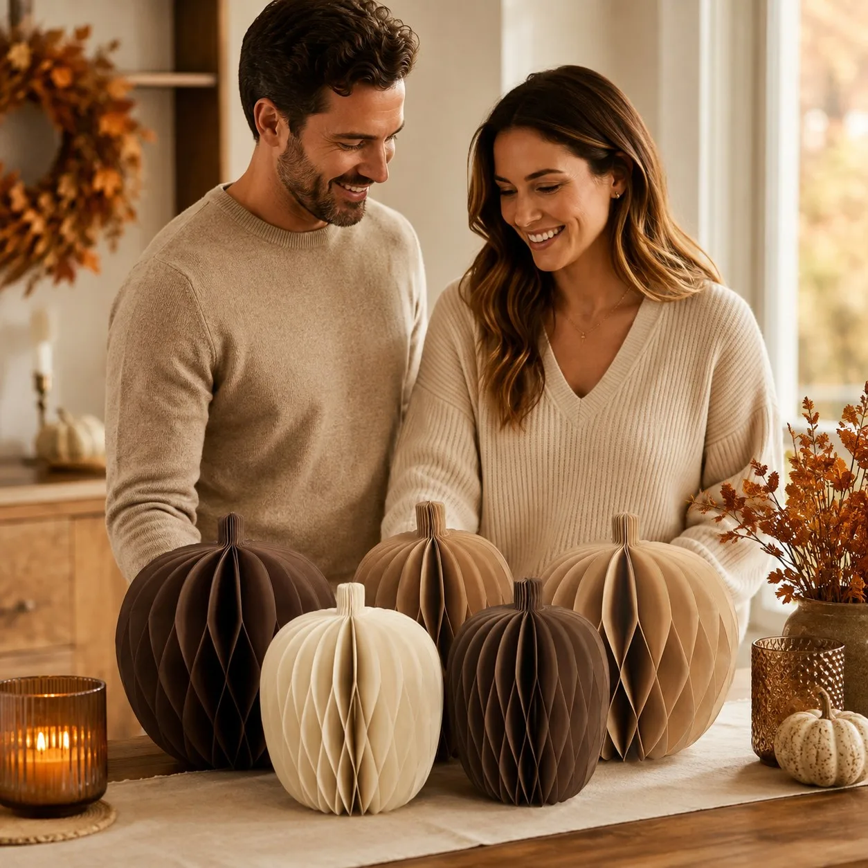 Paper Honeycomb Pumpkin Centerpieces, Neutral Brown Beige Foldable Pumpkins Table Decor, Fall Thanksgiving Halloween Home Table