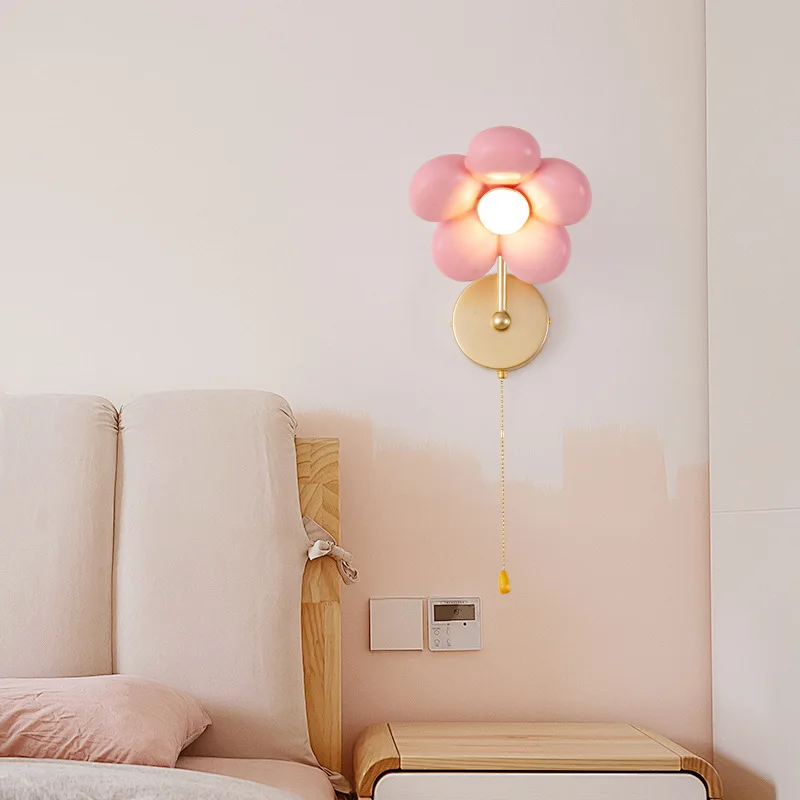 Cartoon Floral Wall Lamp Pink Petal Design Round Golden Backplate Pull Cord Accent Lighting Girls Room Playroom Corridor