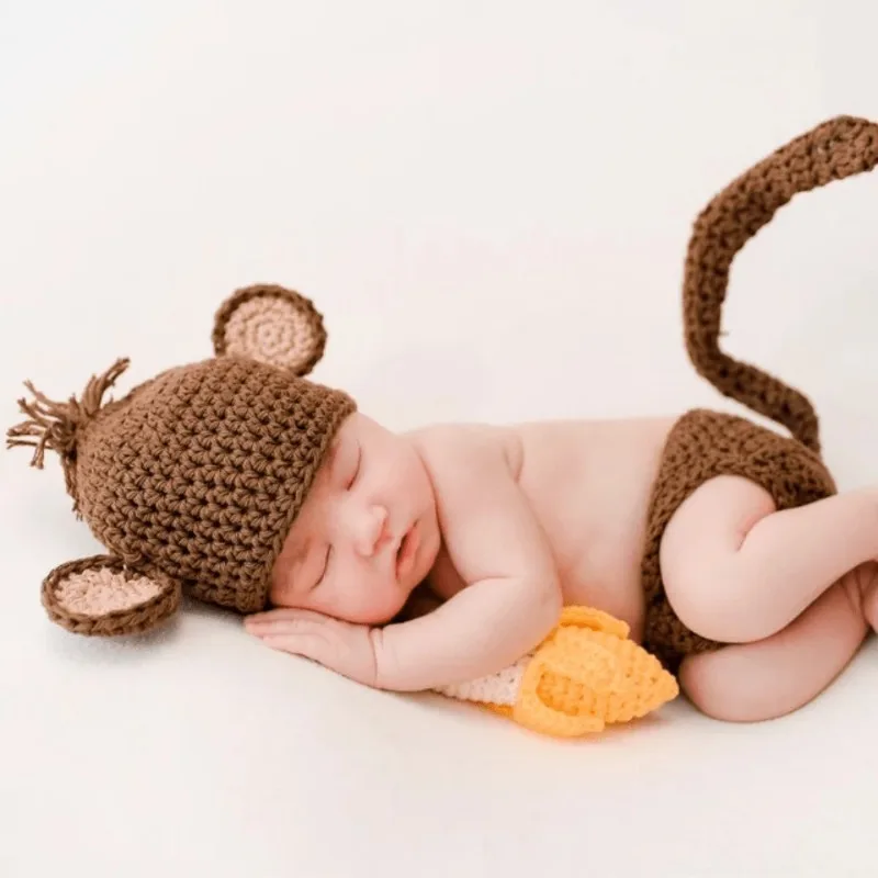 Halloween Festivals Photography Clothing  Crochet Knitted Monkey Hat Diaper Cover Pants Banana Set Newborn Photoshoot Outfits