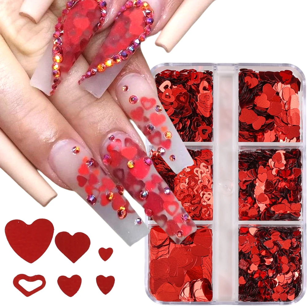 Mélange de paillettes holographiques en forme de cœur pour ongles, rouge, cœur d'amour, flocons de paillettes 3D, décor de manucure pour la saint-valentin