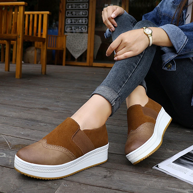 STRONGSHEN Women Platform Loafers Ladies Leather Fashion Vintage Brogue Shoes Moccasins Slip On Casual Shoes Zapatos De Mujer