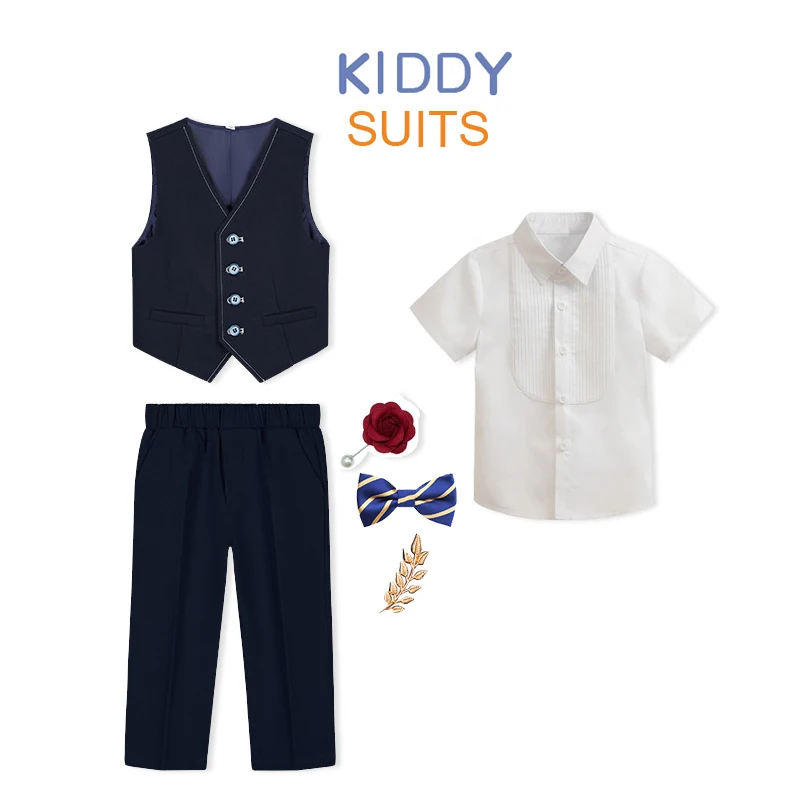 

Boys Formal Suit Set for Kids - Wedding Birthday Party Ceremony Easter Costume with Vest Pants Flower Design Photography Outfit