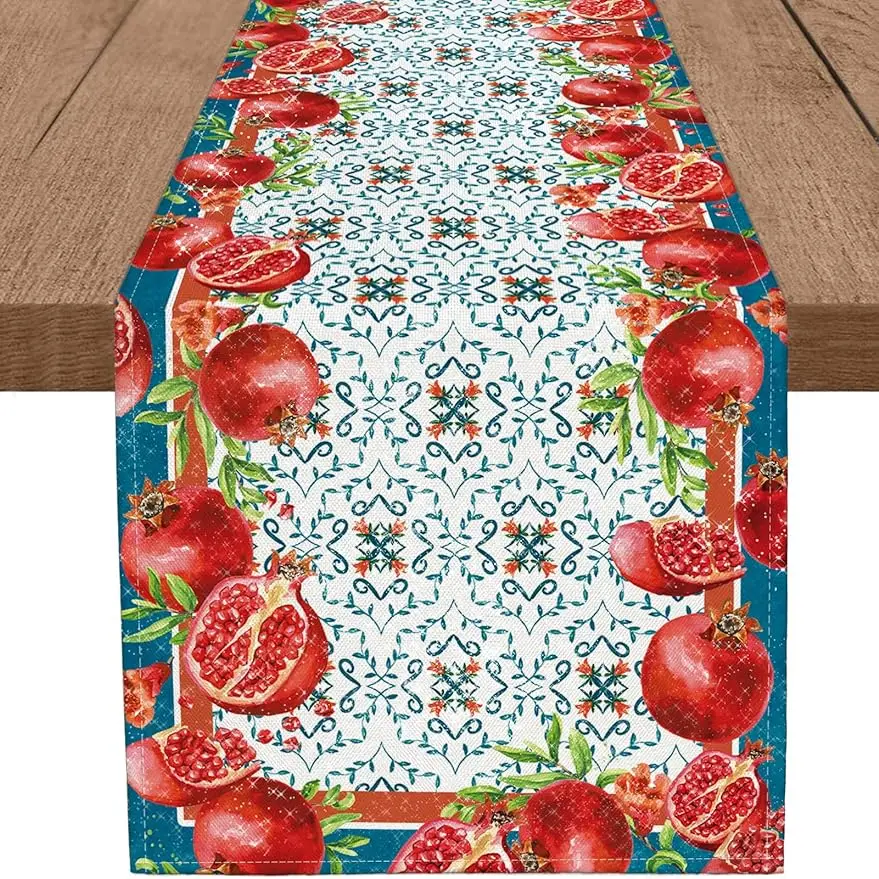 Sukkot Red Pomegranate Lemon Vintage Linen Table Runner Kitchen Restaurant Decoration Home Dinner Party Decoration Table Runner