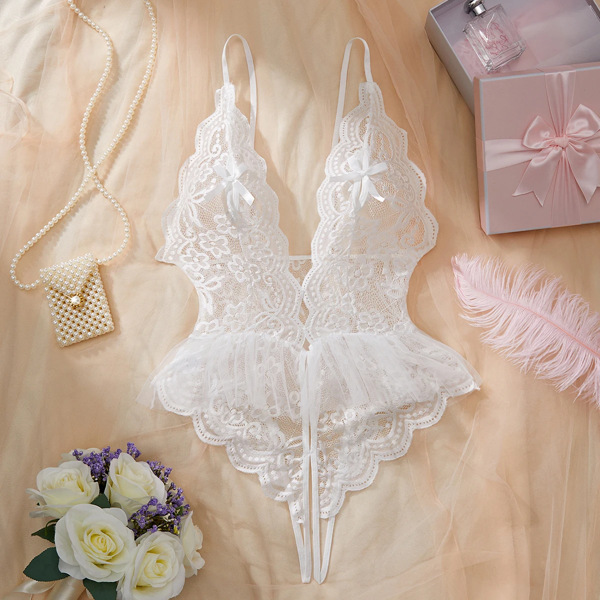 

Women's Backless Lace Sexy Role-playing Dress Hollowed Out And Stylish Sleepwear Off Shoulder Jumpsuit Transparent Lingerie