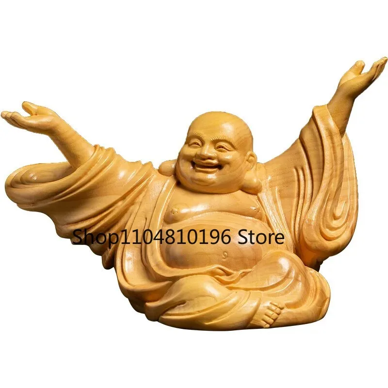 Wood carving Small Statue Home Room Happy Maitreya Buddha decorative figures