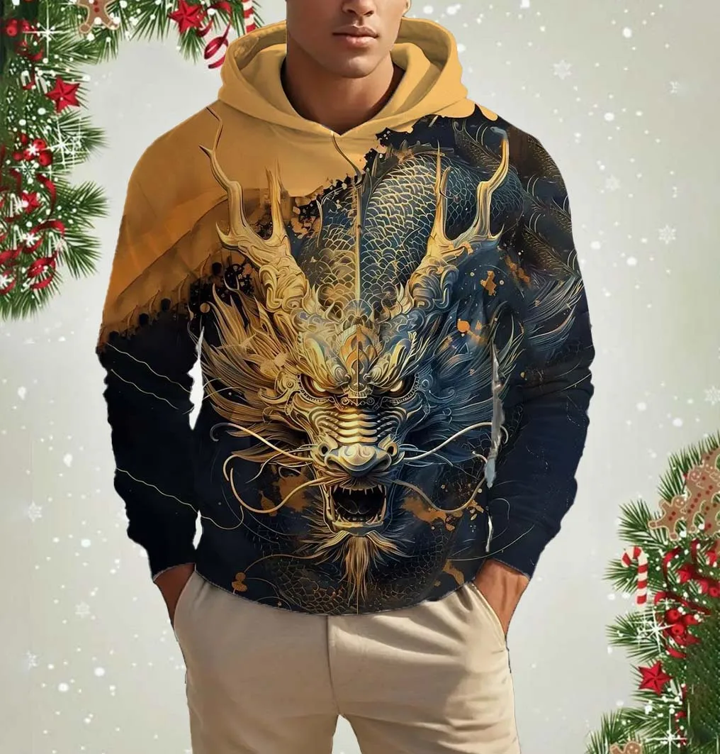 

New fashion men's hooded dragon 3D printed hoodie new autumn fashion casual animal long sleeve pullover oversized sweatshirt