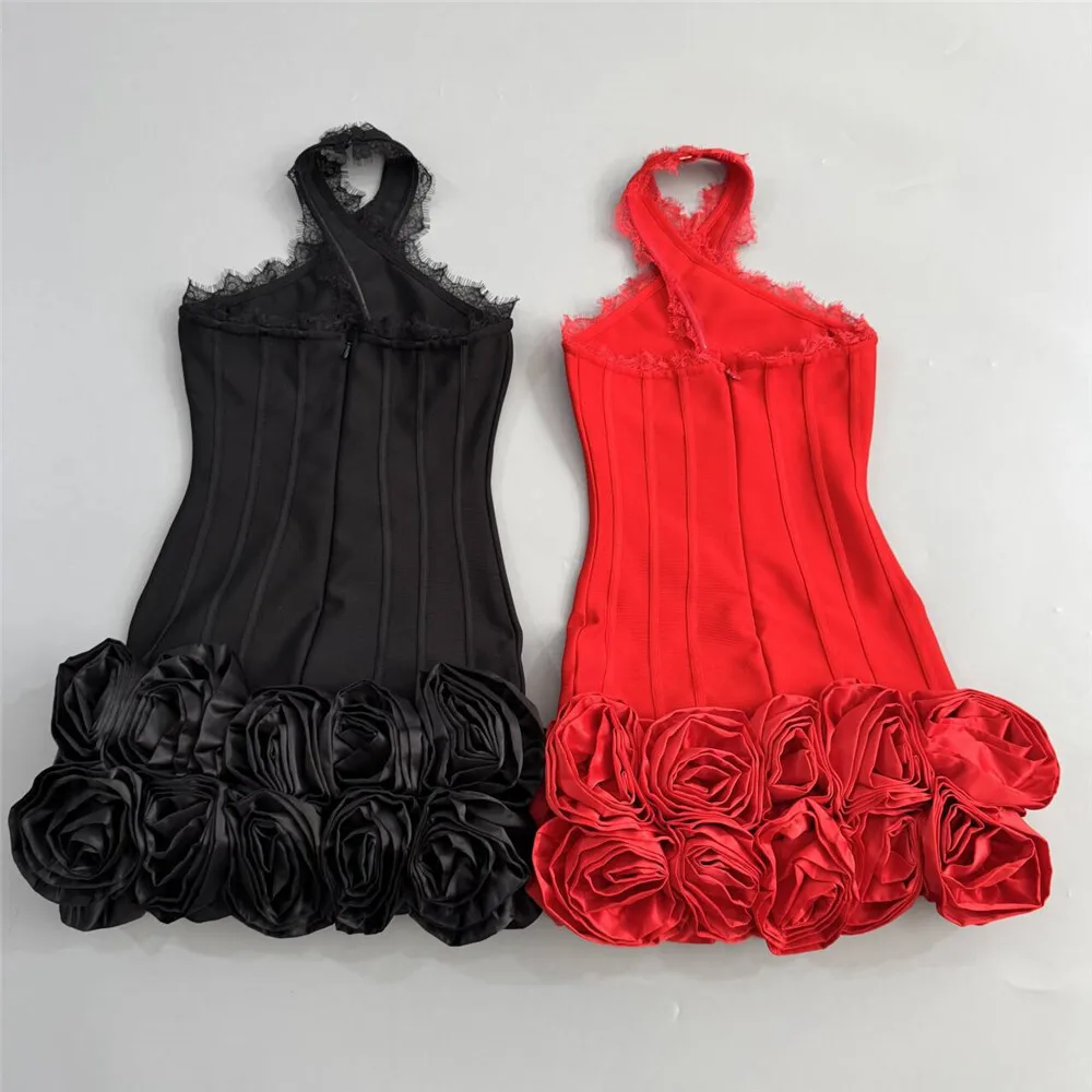 

Women Black Red Lace Halter Flowers Hem Bodycon Mini Knitted Banadage Dress Birthday Evening Club Party Dress Holiday Going Out
