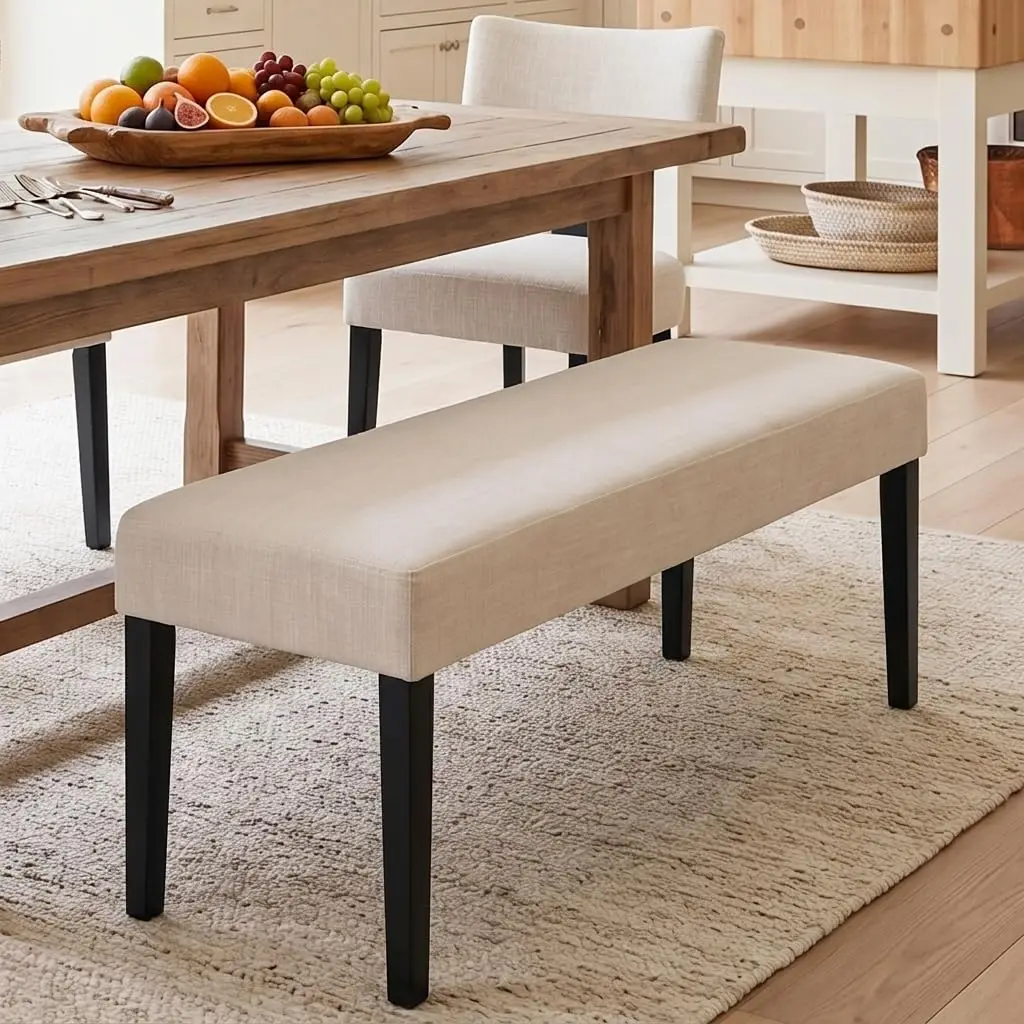 Farmhouse Farmhouse Upholstered Dining Bench Seat, 45" Linen Entryway Bench with Black Wood Legs, Mid Century Modern End of Bed - Aliexpress Deal