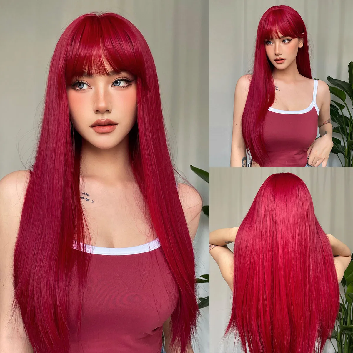 EASIHAIR Lange seidige gerade synthetische Perücken mit Pony, schwarze Cosplay-Party-Lolita-Haarperücken für Frauen, natürliche hitzebeständige Perücke