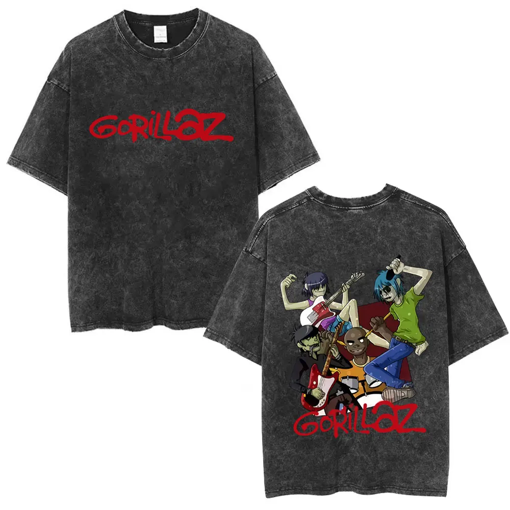 

Washed Vintage Rock Band Gorillaz Graphic T Shirt Men Women Hip Hop Gothic Oversized T-shirts Fashion Cartoon Style Streetwear