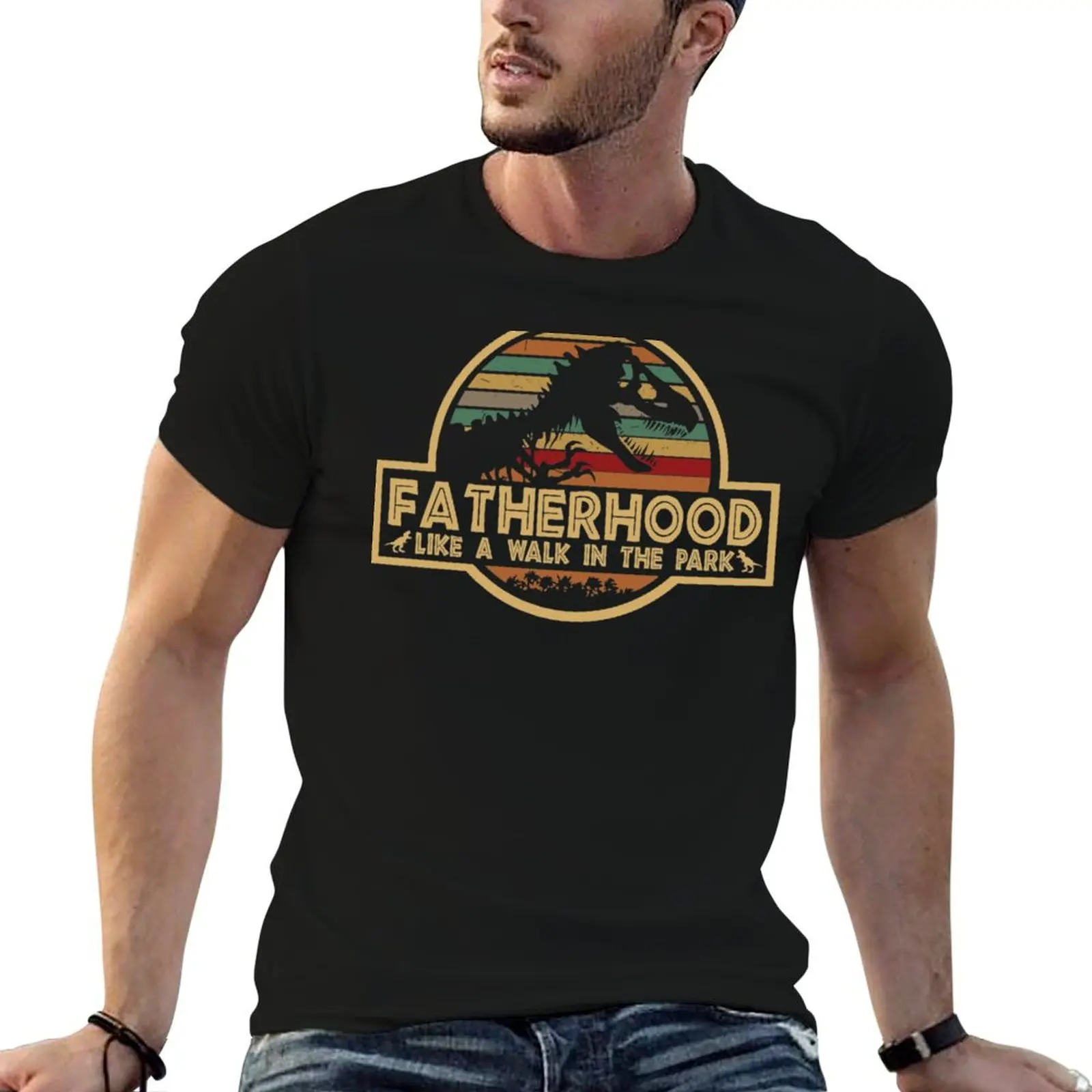 Fatherhood Like A Walk In The Park Retro Vintage T-Rex Dinosaur Father&x27;s Day T-Shirt Anti-Pilling Casual T-Shirt