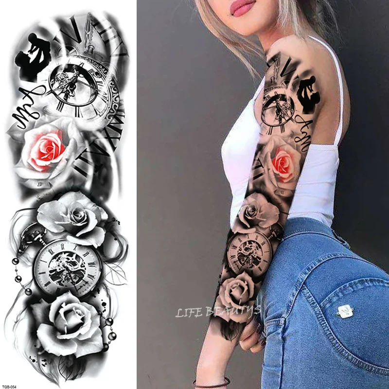 Autocollants de tatouage temporaire imperméables pour femmes et hommes, faux tatouages, art complet, grand bras