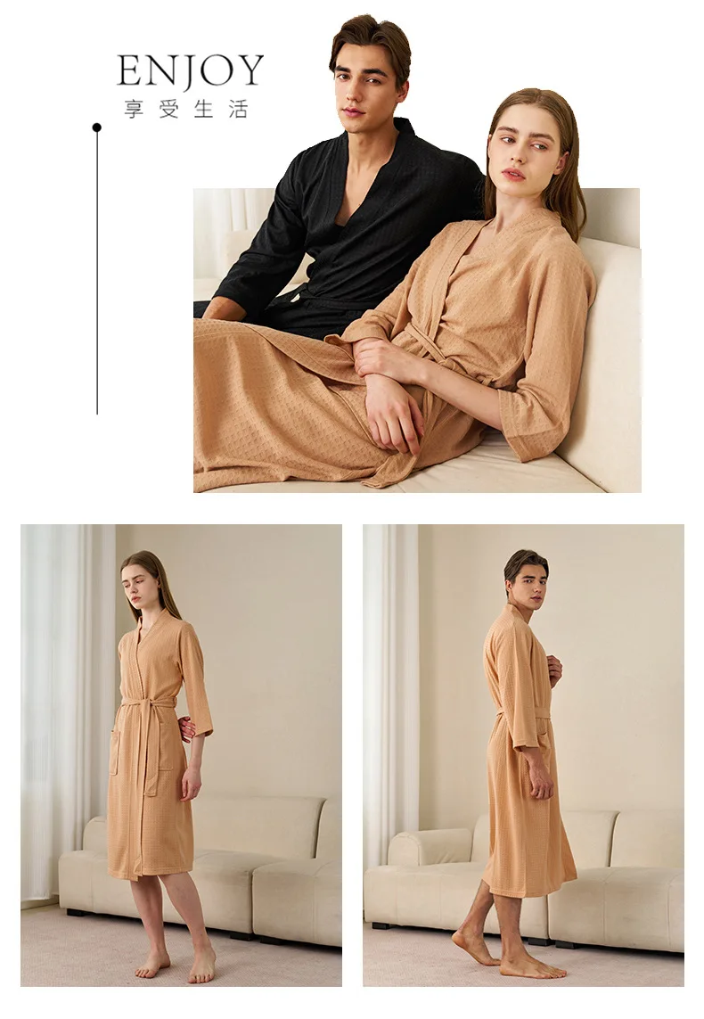 Herren Waffelstrick-Bademantel, Leichter Weicher Spa-Bademantel mit Taschen & Gürtel, Atmungsaktiver Saugfähiger Waffel-Kimono, Schlafbekleidung für Zuhause – Detail 6