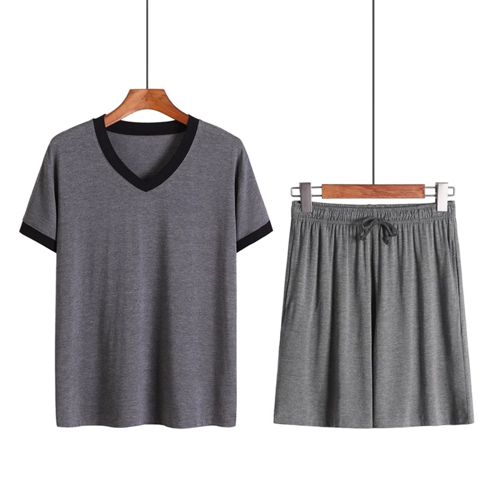 

Casual Homewear Men Pajamas Set Cold Feeling Color Patchwork Elastic Waist Lapel Neckline Loose Fit Short Sleeve