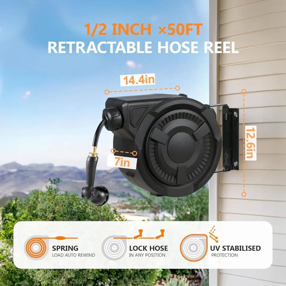 

Wall Mounted Retractable Garden Hose Reel 50 ft 1/2 Inch Heavy Duty with 10 Function Nozzle