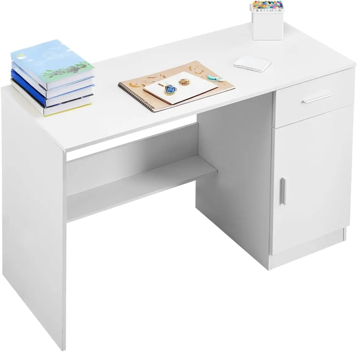 Small Desk with Drawer, Kids Desk for Bedroom, Wooden Simple Study Table for Drawing, Reading, Writing, Rectangle MDF Study Storage Table with Adjustable Shelf for Home, Office, White