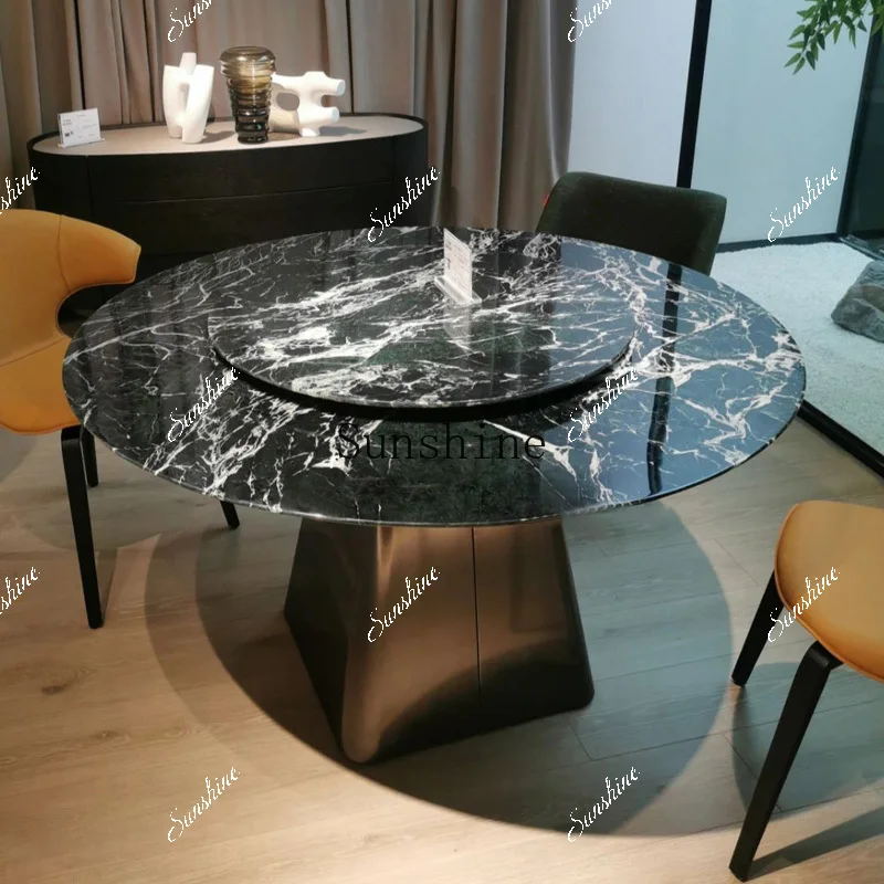 Large flower green marble round dining table with turntable can be customized modern simplicity  FT