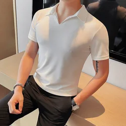 Summer Men's Clothing Luxury Jacquard Knit V Neck Short Sleeve Polo Shirt Leisure Breathable Fashion High Quality Knitwear S-3XL