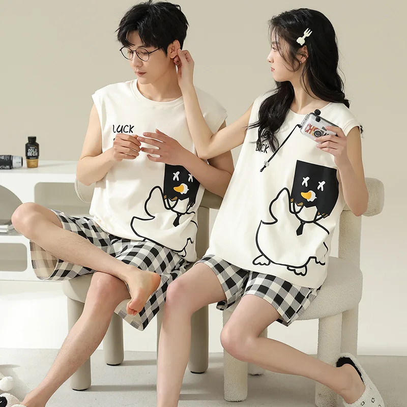 

Couple Pajamas Summer Cotton Sleeveless loungewear Men's and Women's Casual Cartoon Sleepwear pijamas para parejas Hombre Mujer