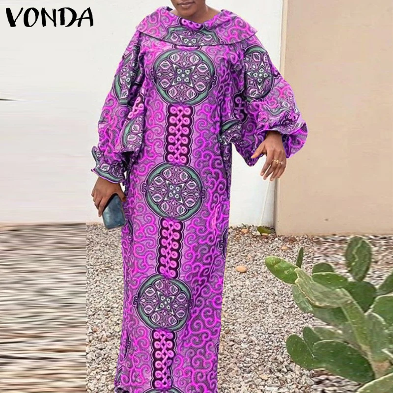 VONDA Sukienka Maxi w Stylu Boho Plus Size Damska Drukowana Sukienka Letnia Vintage Długi Rękaw Latarnia Stójka Vestido Casual Robe 5XL