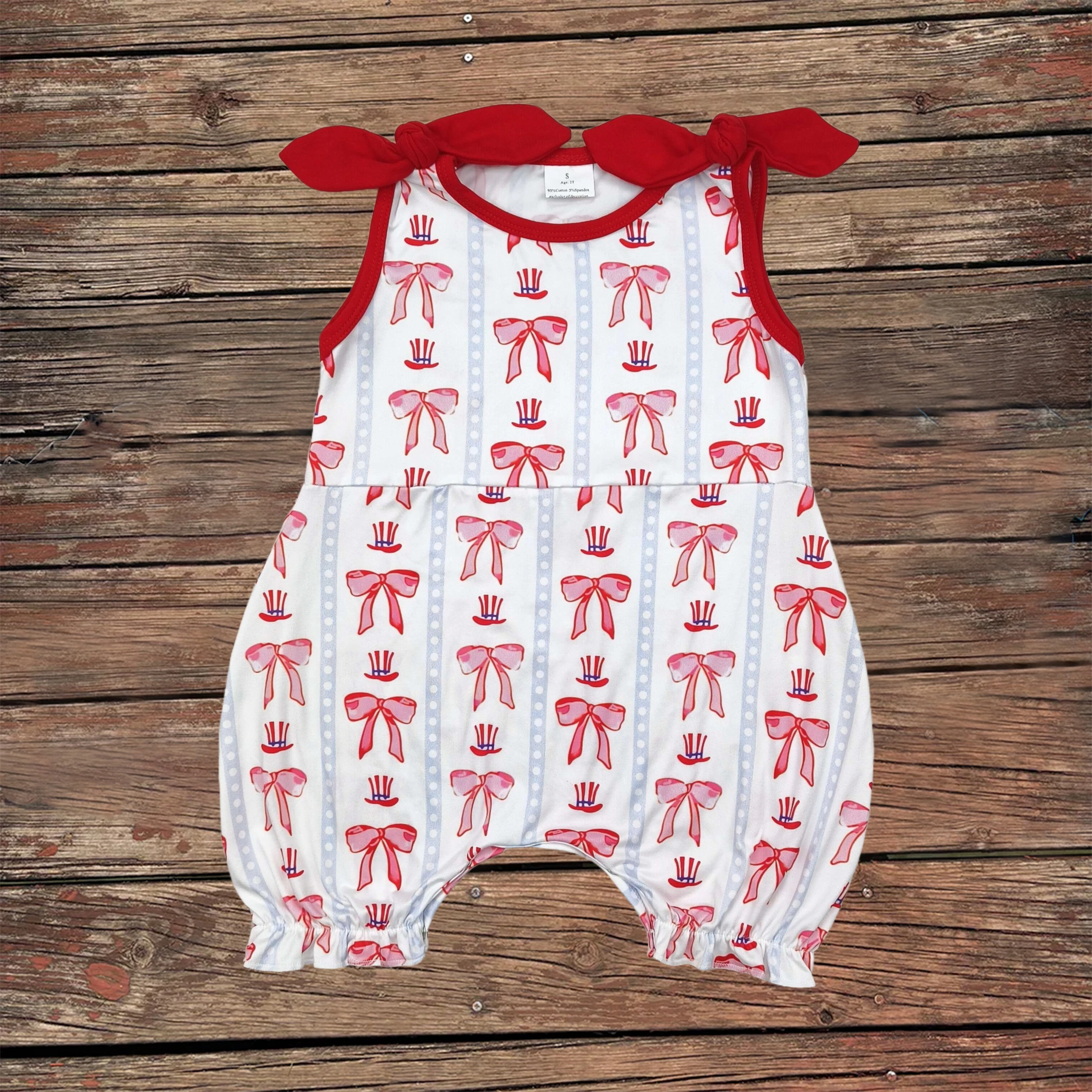 

Wholesale Baby Girl Sleeveless Infant Children Bows Hats Floral Bubble Romper Toddler Kids July 4th Coverall Newborn Bodysuit