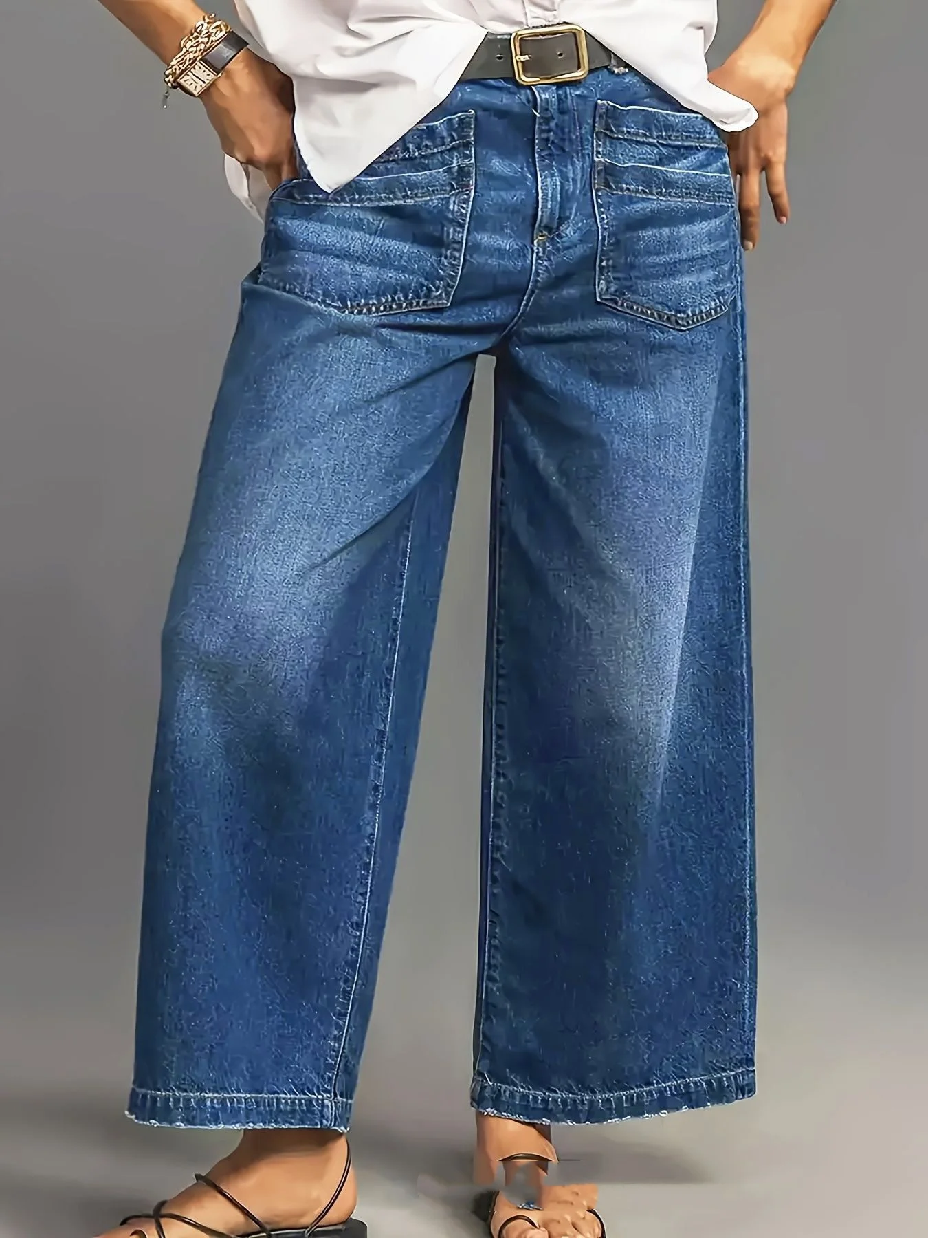 Vintage Faded Wide Leg Jeans Women High Waist Large Pockets Loose Slimming Straight Nine Crop Casual Pants Slim Fit Trousers